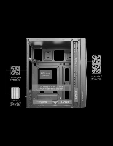 MARSGAMING CASE MICRO-ATX MC-ME BLACK GLASS + MESH 2xFRGB FAN