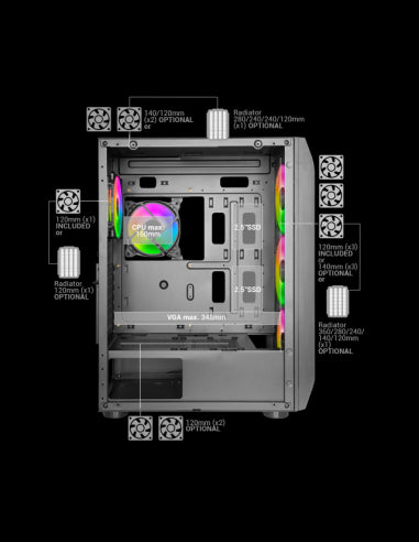 MARSGAMING CASE TOWER MC-KX XL 5x12CM ARGB FAN+CTRL CPU FREEZER GLASS F.MES